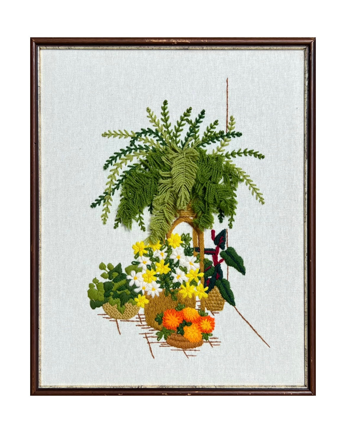 Vintage Crewel: Tall Plant Stand & Baskets of Flowers