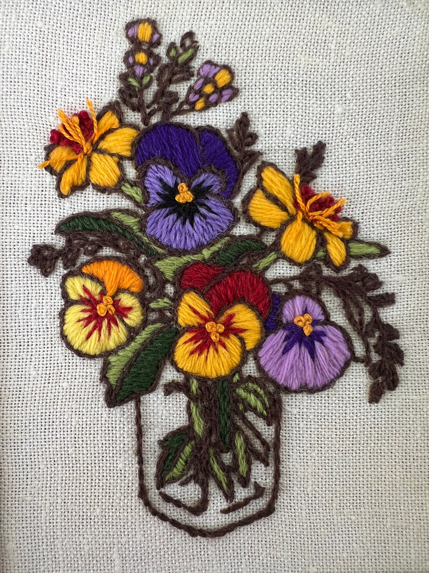 Vintage Crewel: Pansy Bouquet in Glass Jar