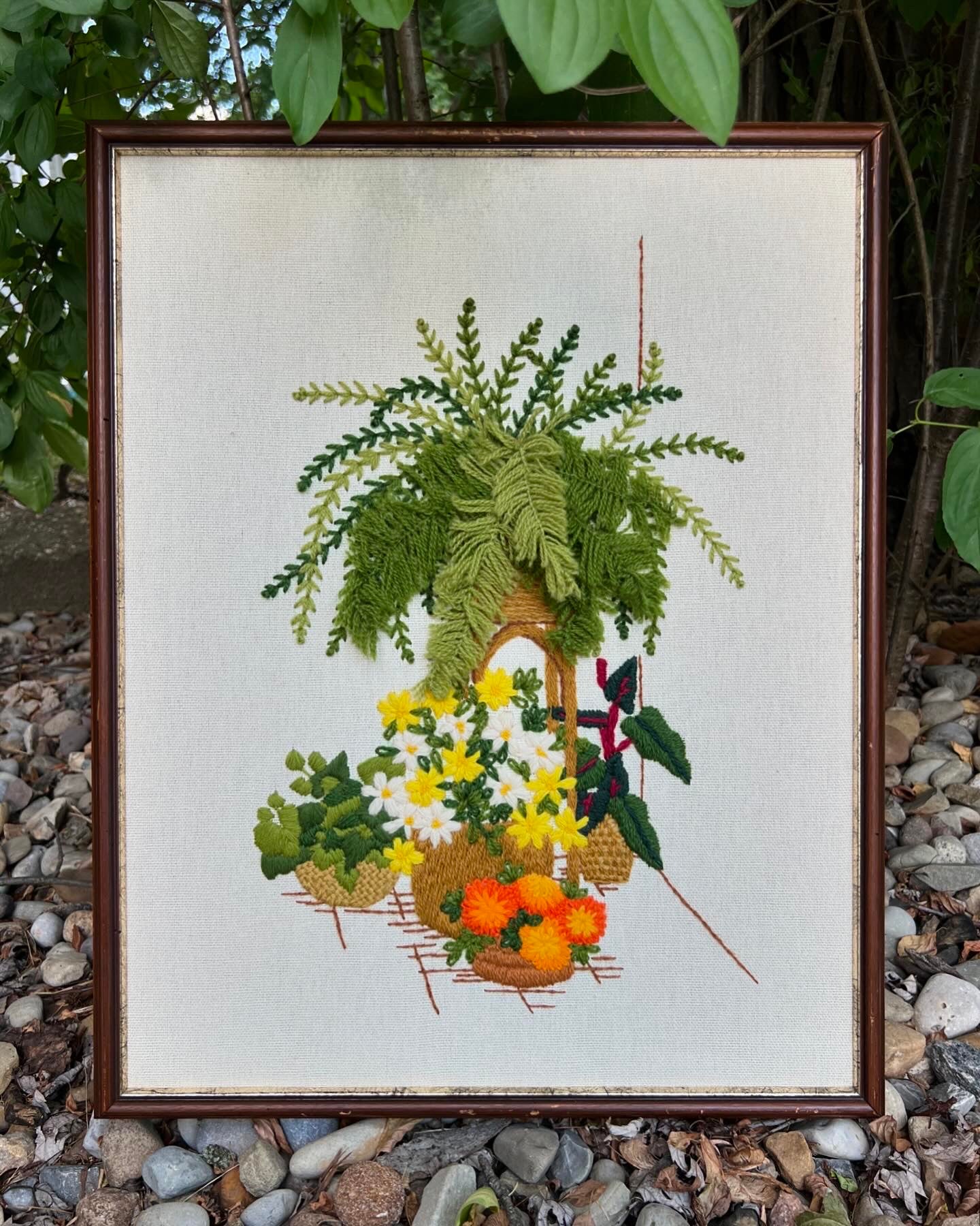 Vintage Crewel: Tall Plant Stand & Baskets of Flowers