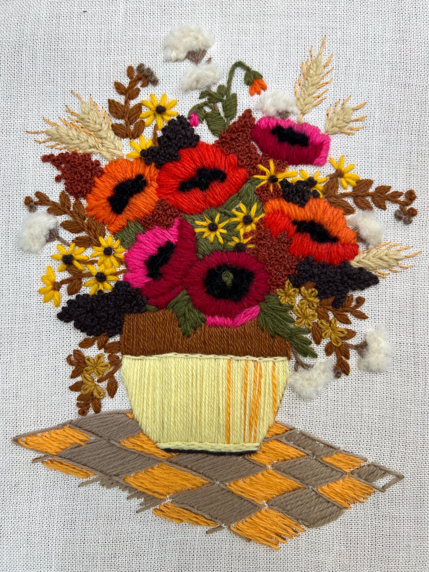 Vintage Crewel: Pot of Warm-Toned Flowers