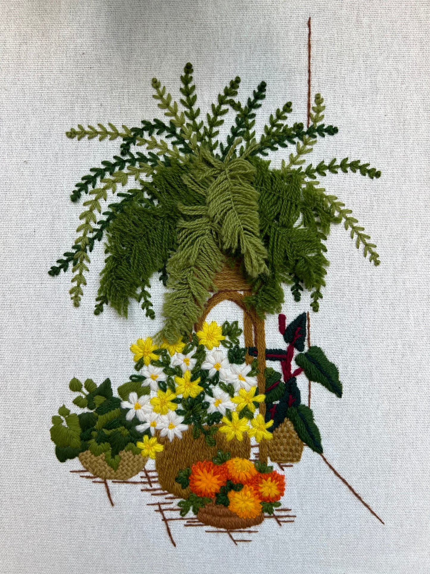 Vintage Crewel: Tall Plant Stand & Baskets of Flowers