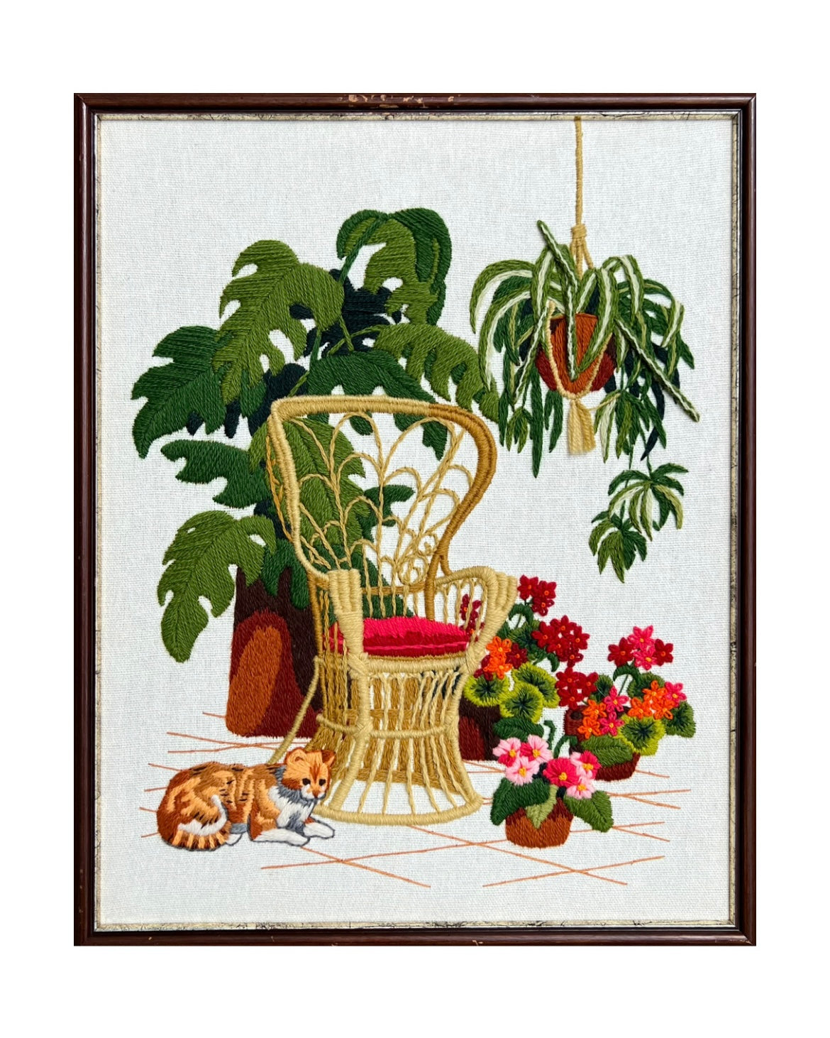 VTG 1970’s Framed popular Crewel Embroidery Wall Art Peacock Chair Cat & House Plants