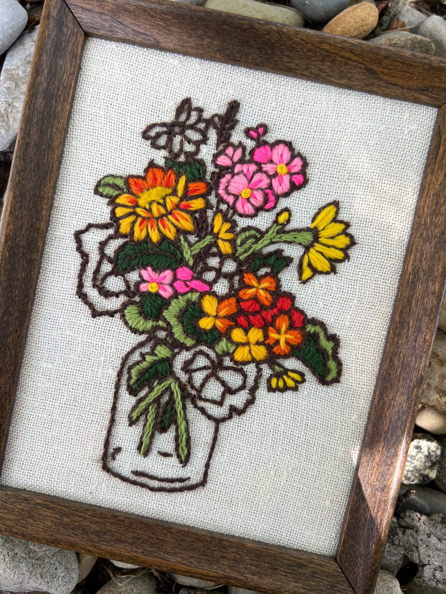 Vintage Crewel: Bouquet of Pink, Red, Orange & Yellow Flowers in Glass Jar