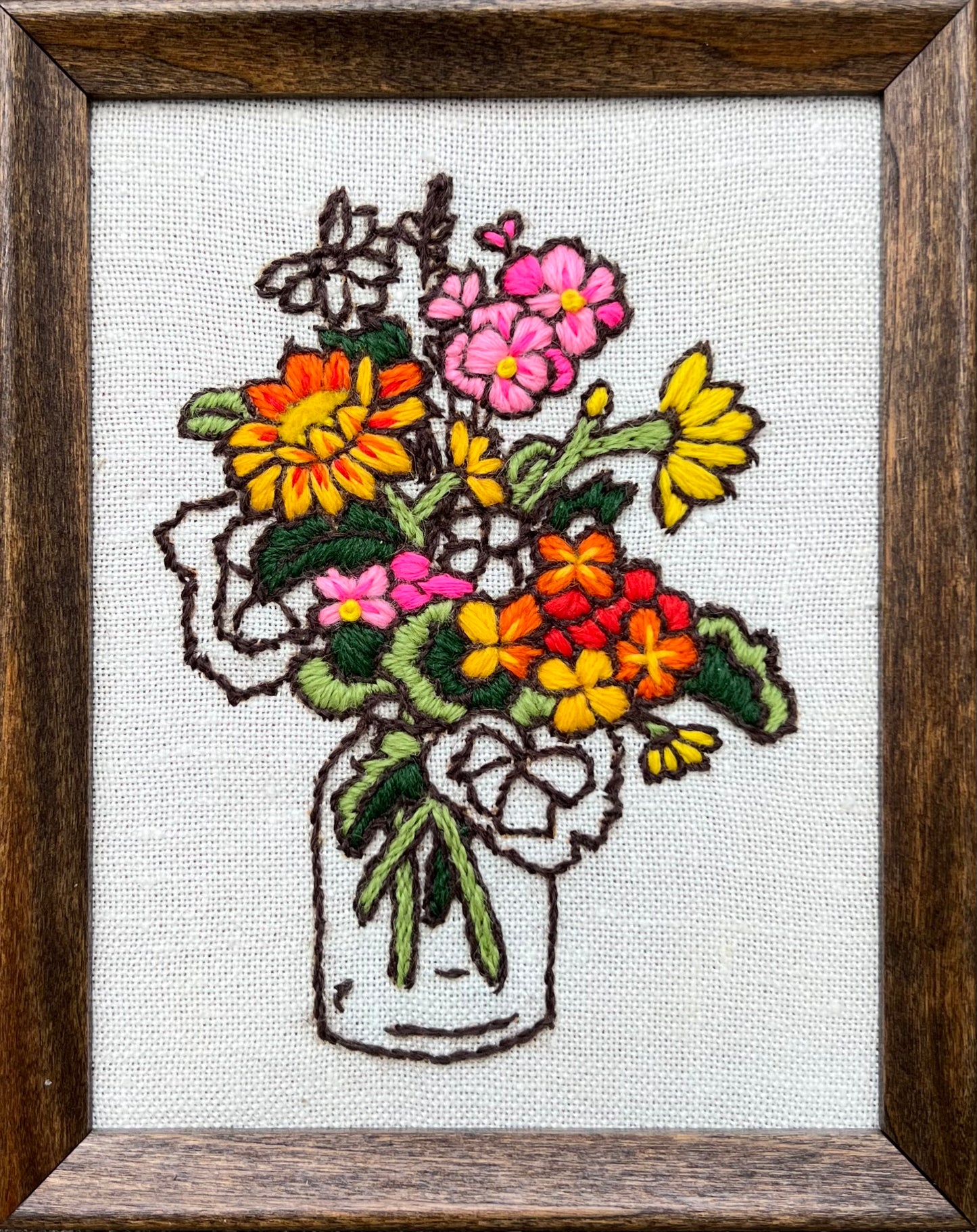 Vintage Crewel: Bouquet of Pink, Red, Orange & Yellow Flowers in Glass Jar