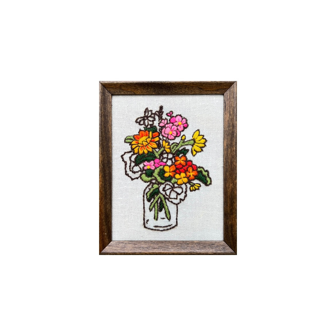 Vintage Crewel: Bouquet of Pink, Red, Orange & Yellow Flowers in Glass Jar