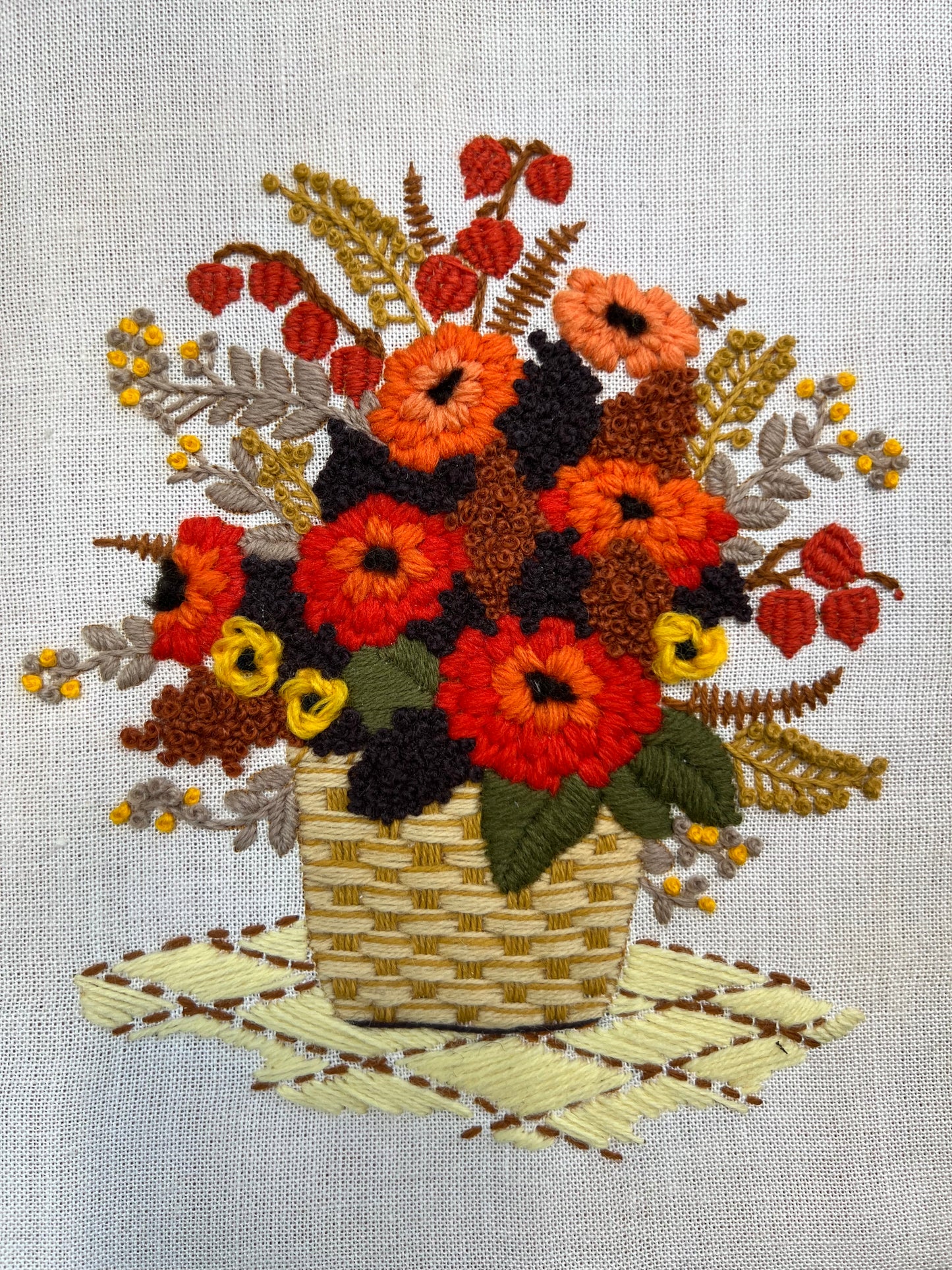 Vintage Crewel: Basket of Orange & Yellow Flowers