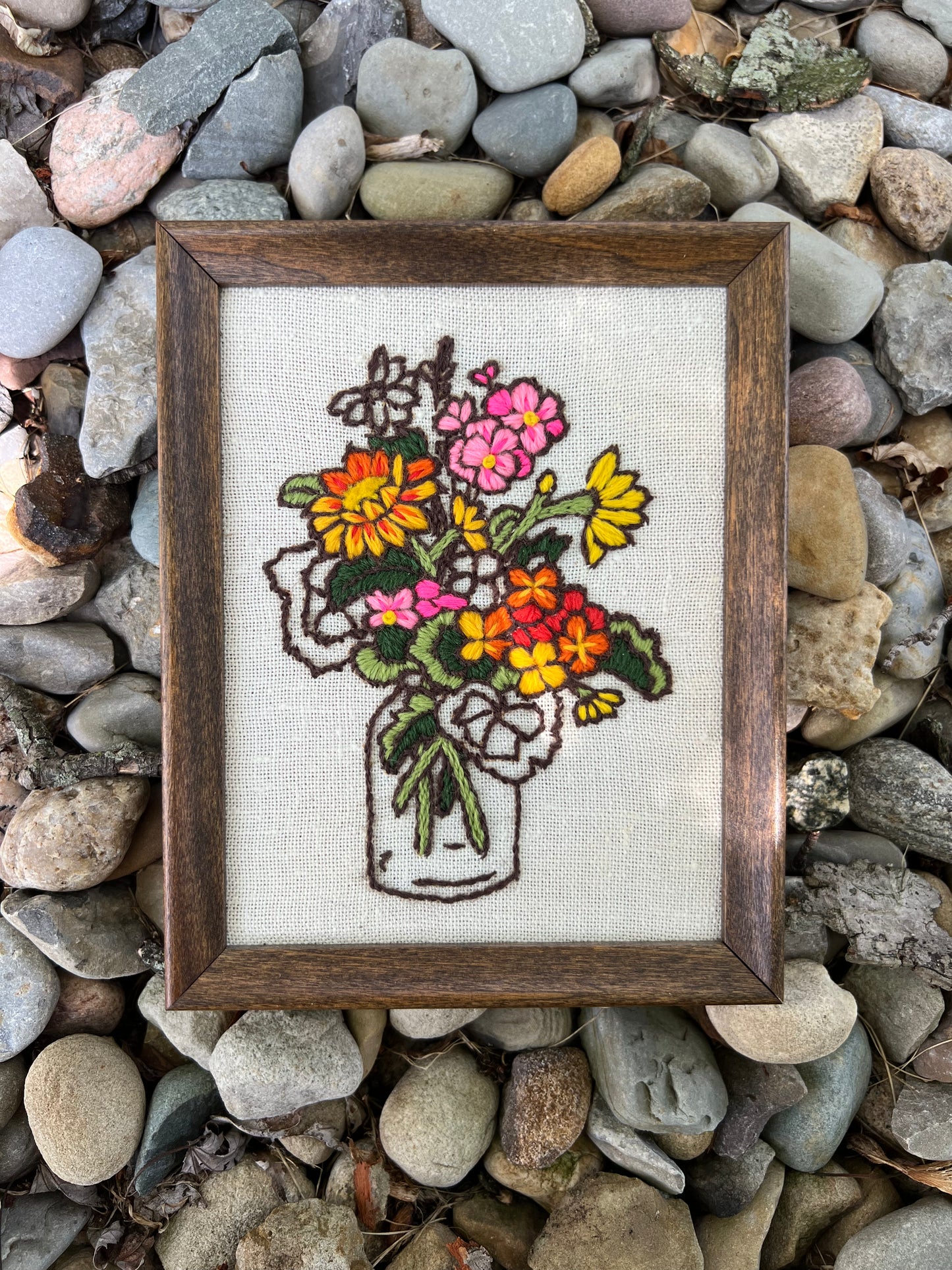 Vintage Crewel: Bouquet of Pink, Red, Orange & Yellow Flowers in Glass Jar