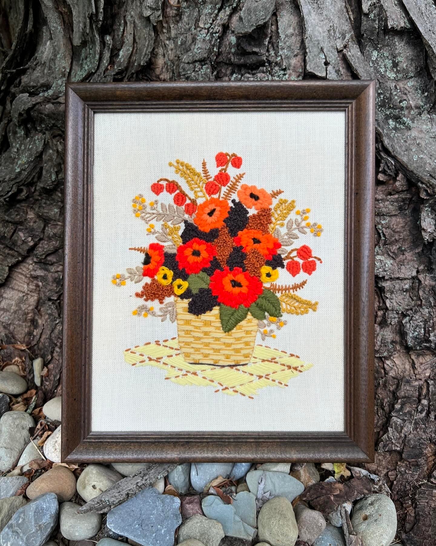 Vintage Crewel: Basket of Orange & Yellow Flowers