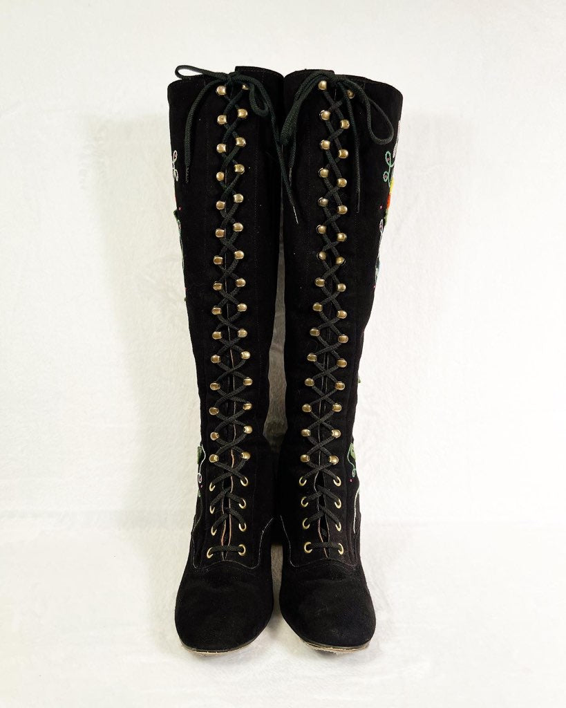 RARE Authentic Vintage 1960s Embroidered Suede Go-Go Lace-up Boots