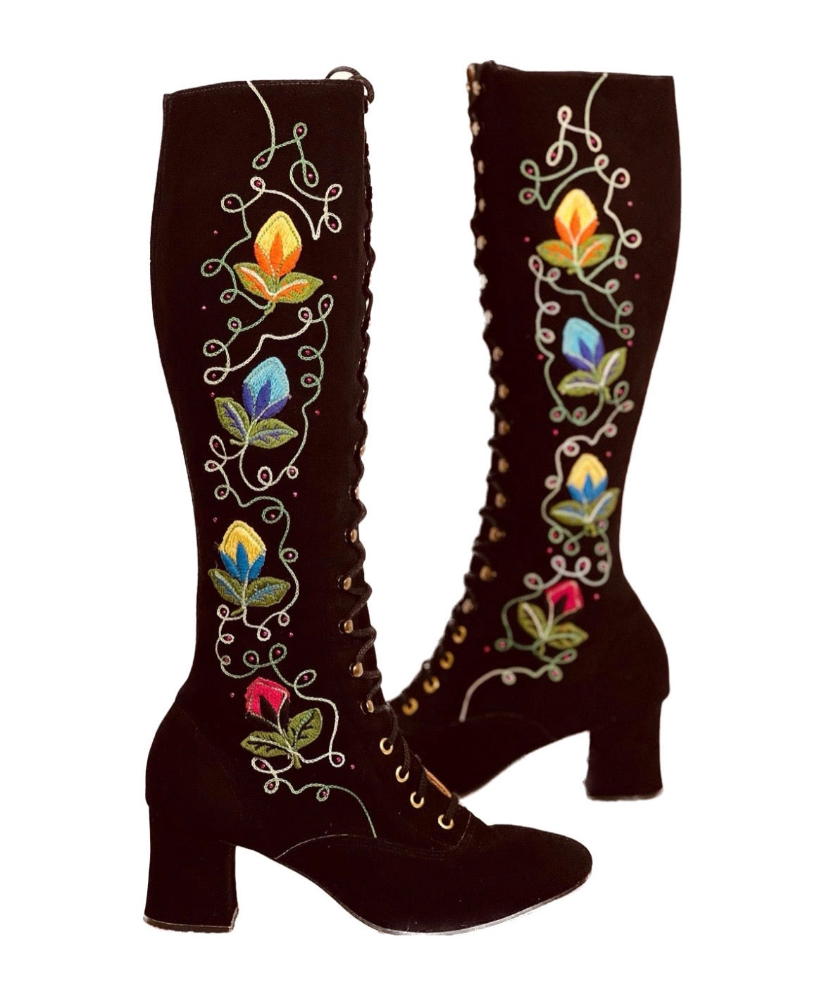 RARE Authentic Vintage 1960s Embroidered Suede Go-Go Lace-up Boots