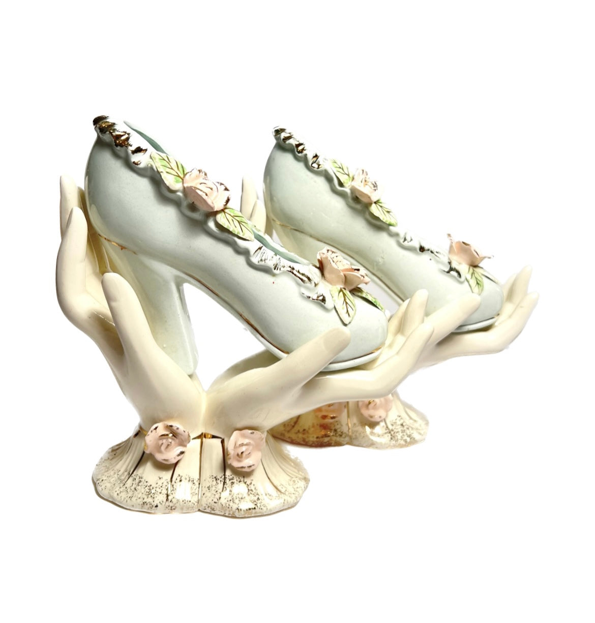 Vintage Porcelain Hands Holding Heeled Shoe with Flowers and Gold Detailing