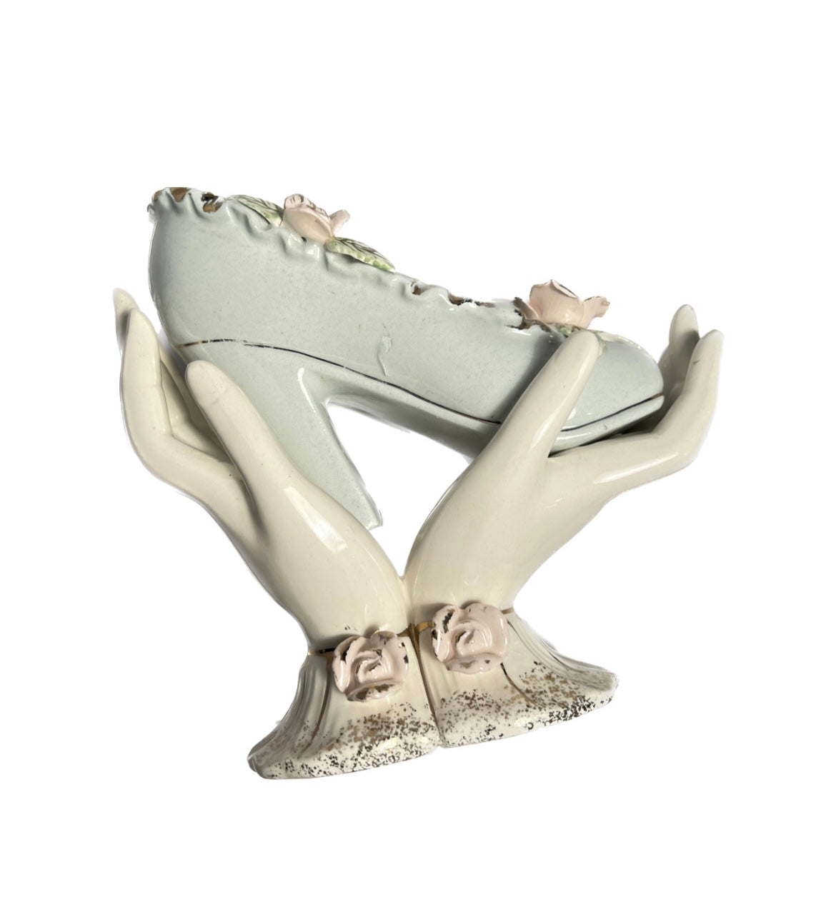 Vintage Porcelain Hands Holding Heeled Shoe with Flowers and Gold Detailing