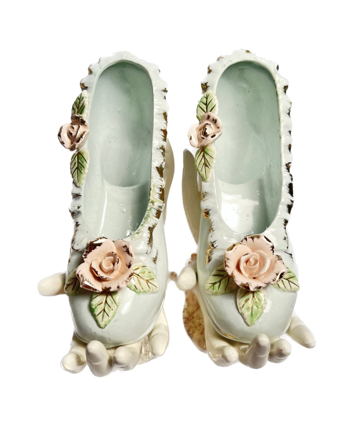 Vintage Porcelain Hands Holding Heeled Shoe with Flowers and Gold Detailing