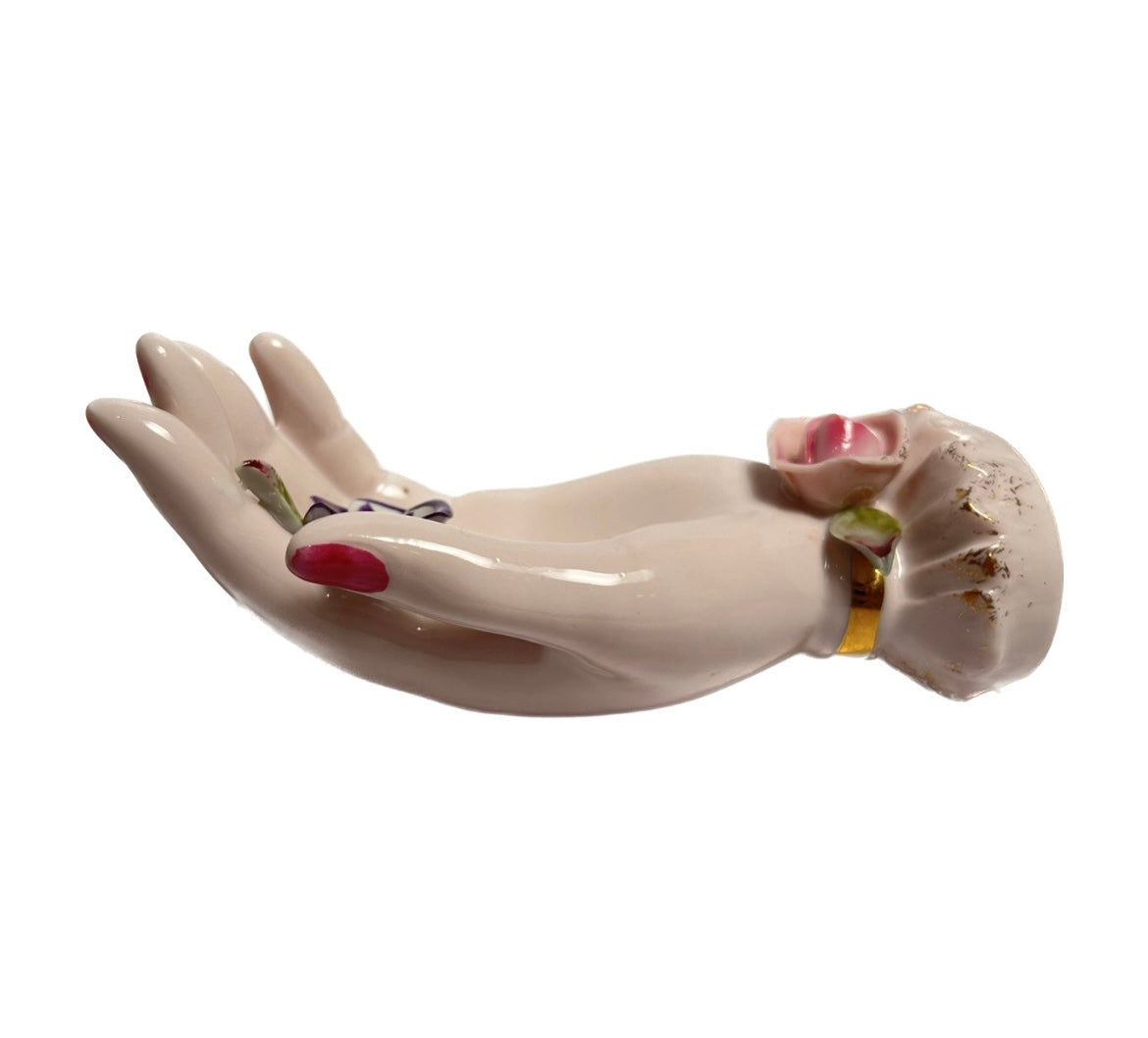 Vintage Porcelain Open Palm Hand with Flowers
