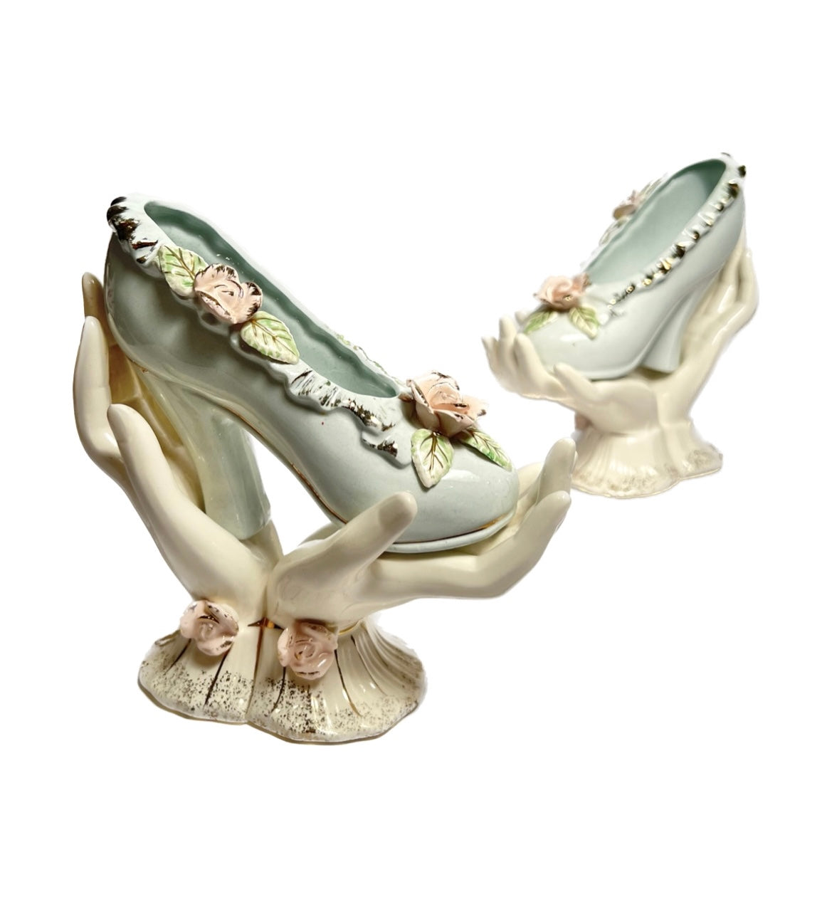 Vintage Porcelain Hands Holding Heeled Shoe with Flowers and Gold Detailing