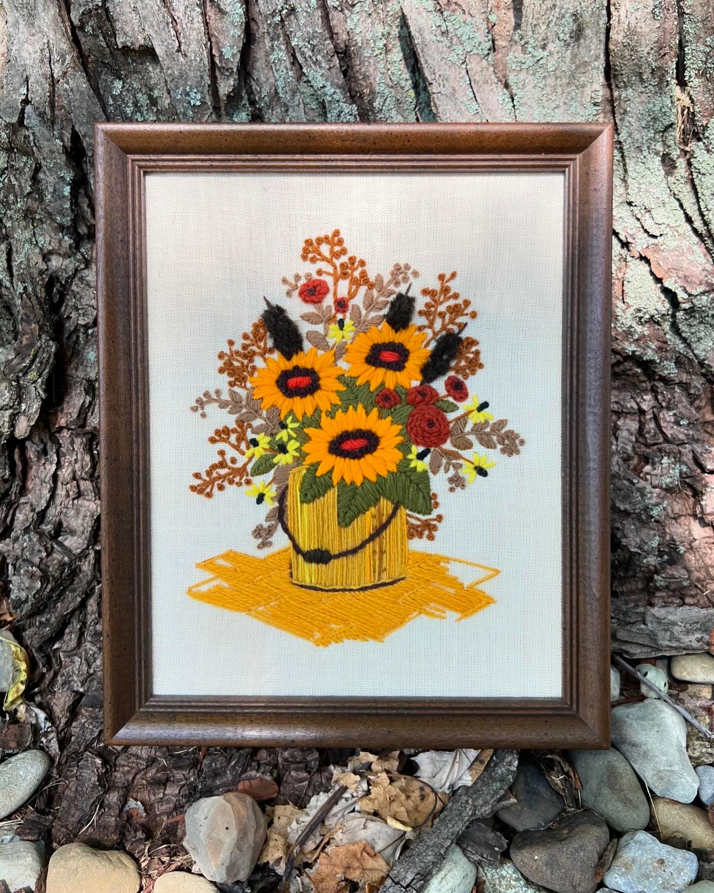 Vintage Crewel: Bucket of Sunflowers