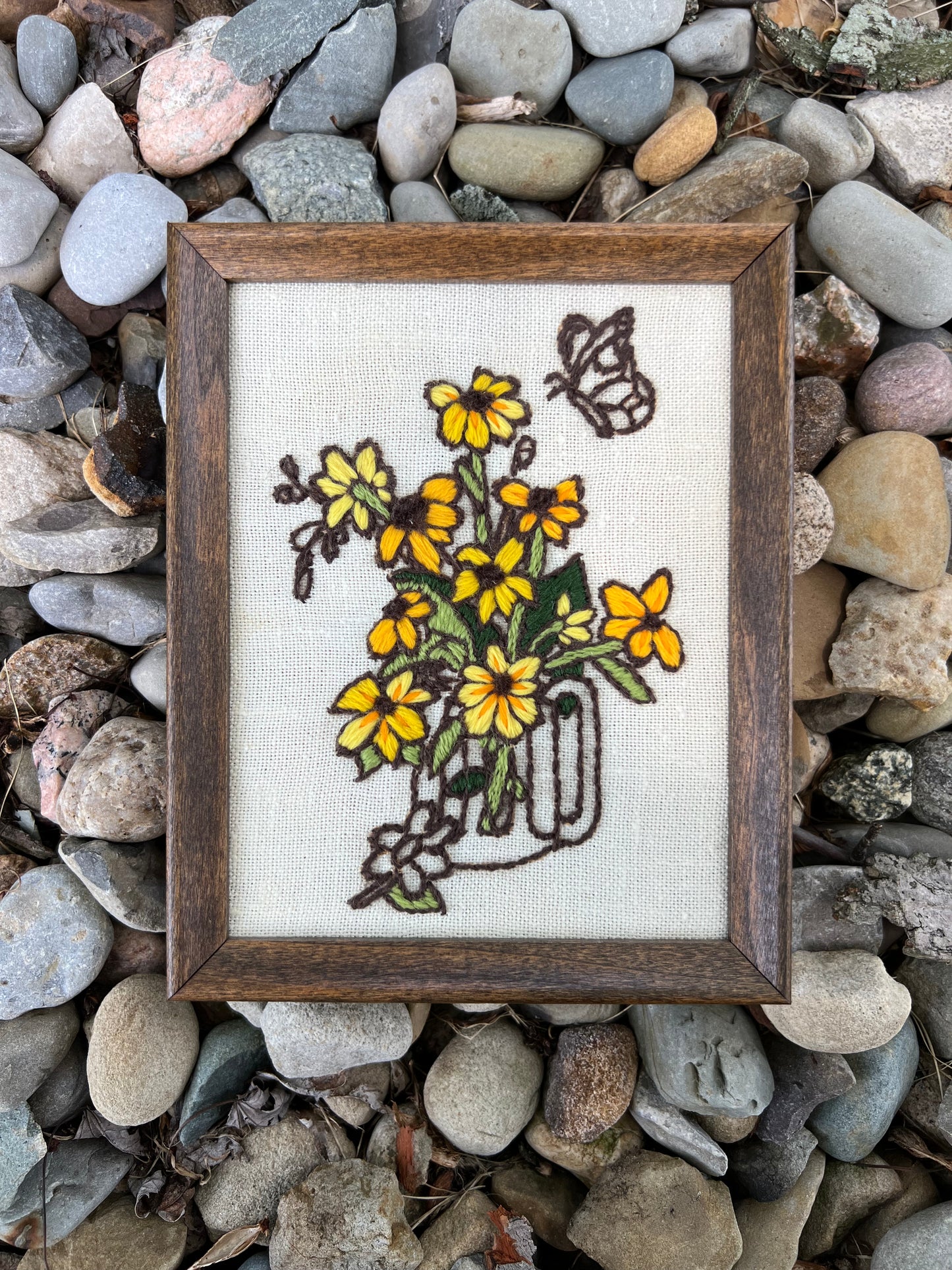 Vintage Crewel: Yellow Flower Bouquet with Butterfly in Glass Stein