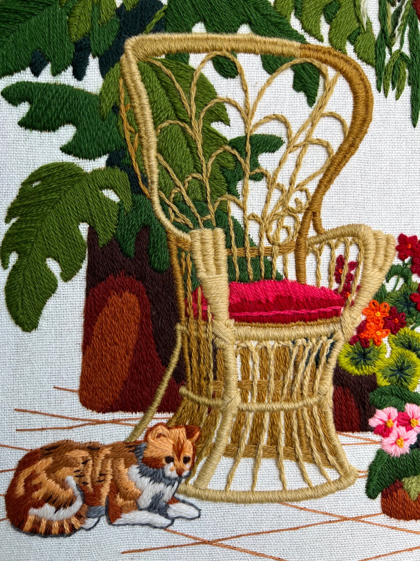 Vintage Crewel: Rattan Chair, Plants, Cat