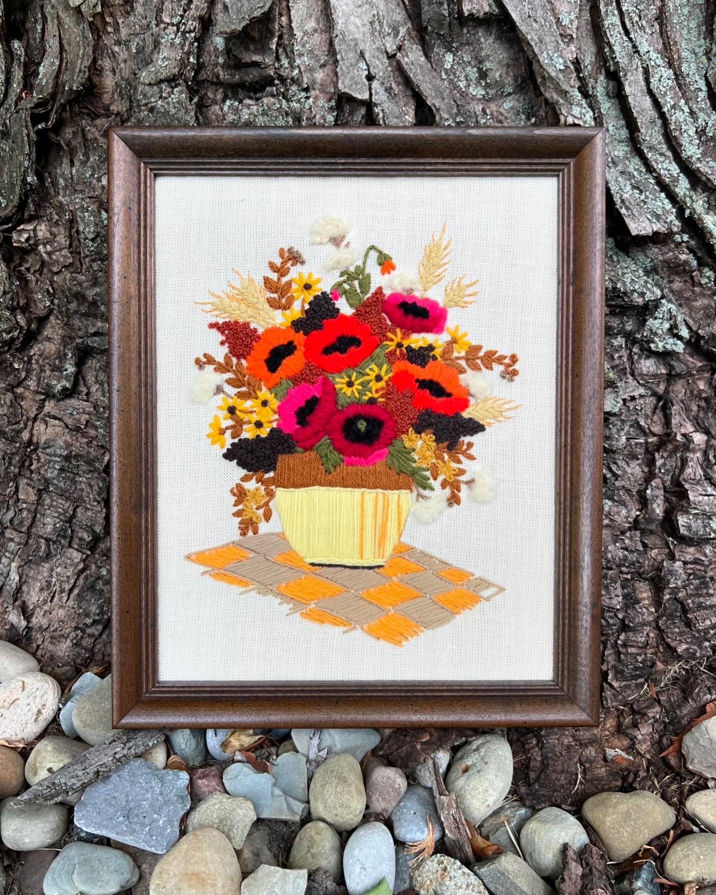 Vintage Crewel: Pot of Warm-Toned Flowers