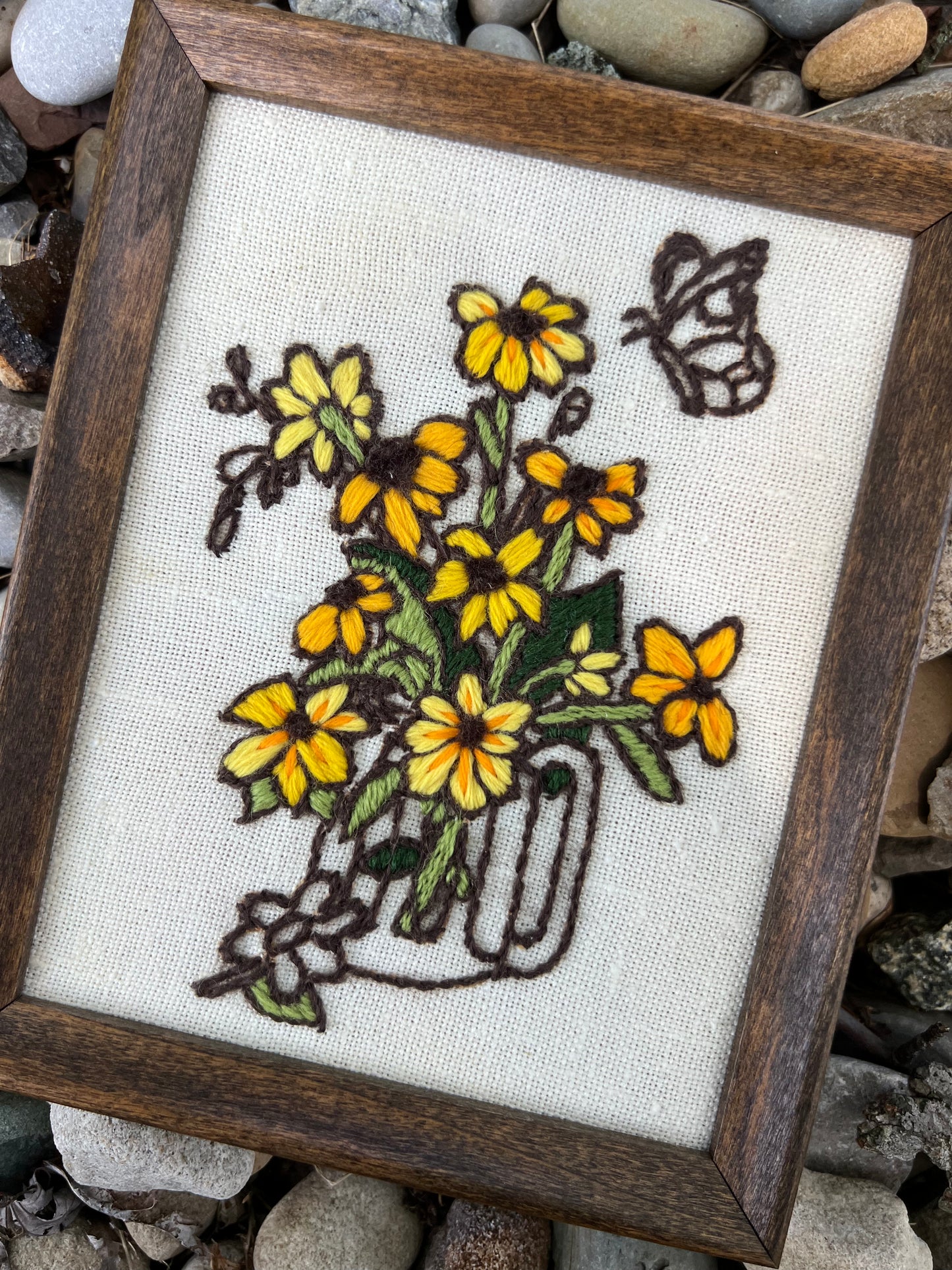 Vintage Crewel: Yellow Flower Bouquet with Butterfly in Glass Stein