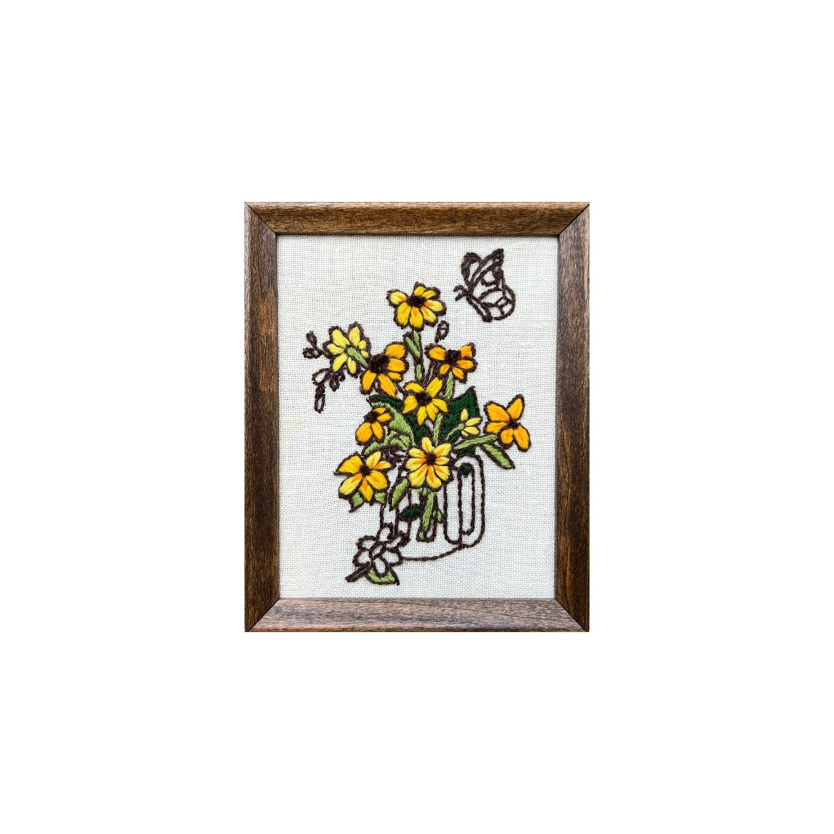 Vintage Crewel: Yellow Flower Bouquet with Butterfly in Glass Stein