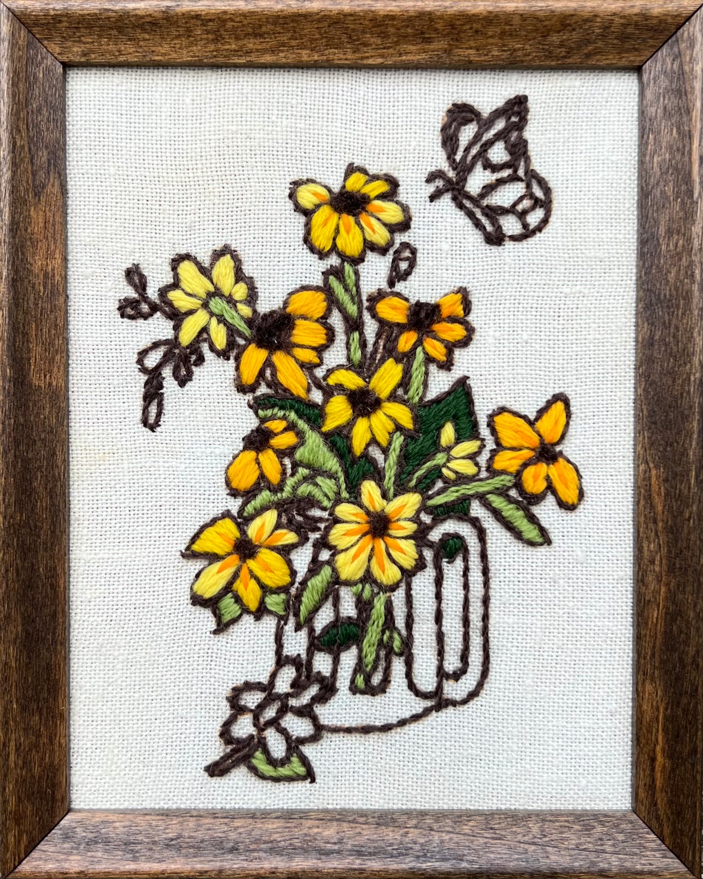 Vintage Crewel: Yellow Flower Bouquet with Butterfly in Glass Stein