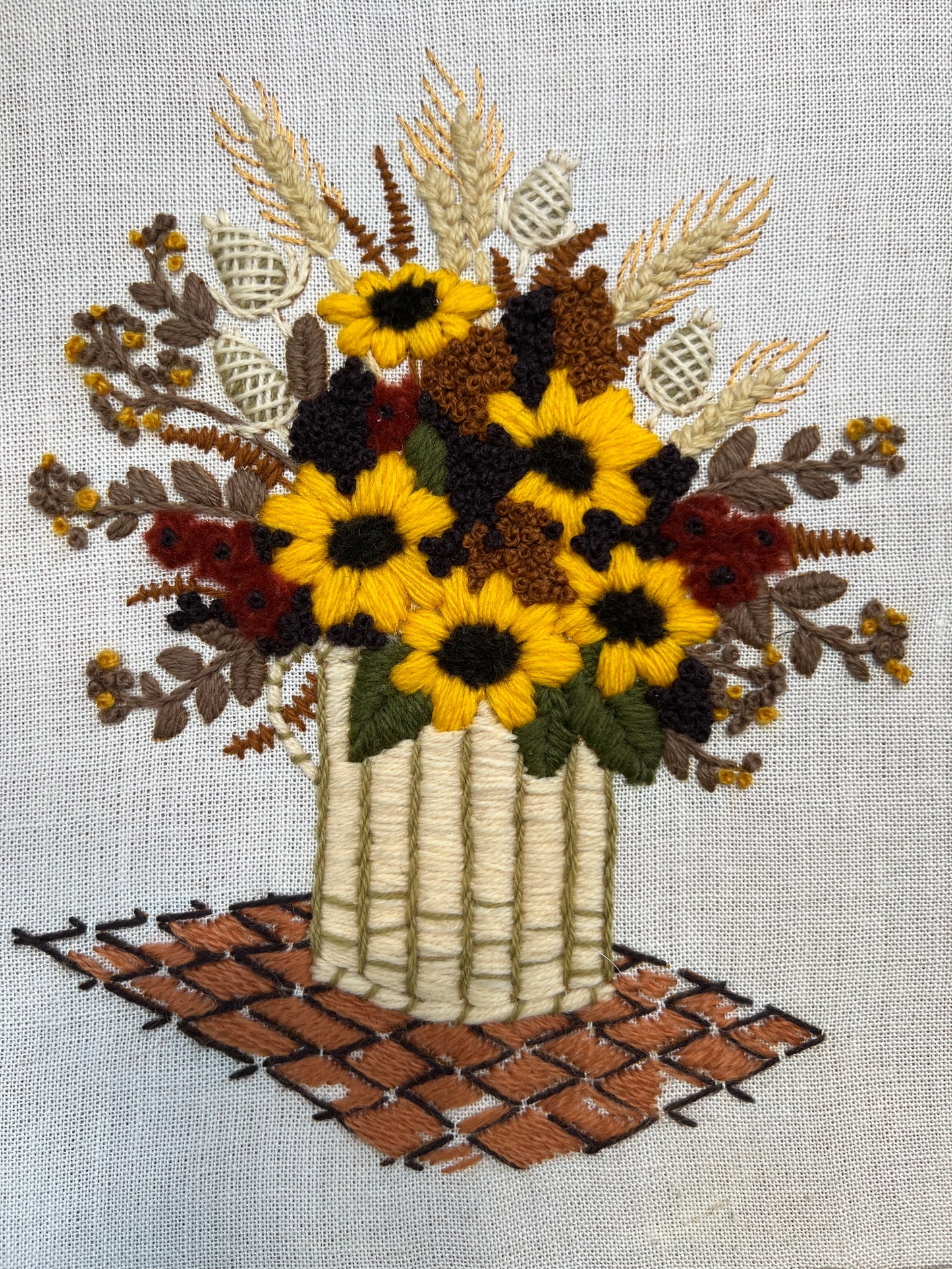 Vintage Crewel: Basket of Yellow Flowers