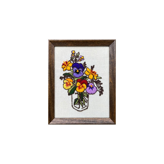 Vintage Crewel: Pansy Bouquet in Glass Jar