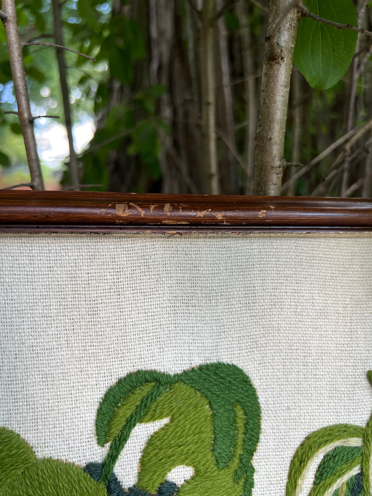 Vintage Crewel: Rattan Chair, Plants, Cat