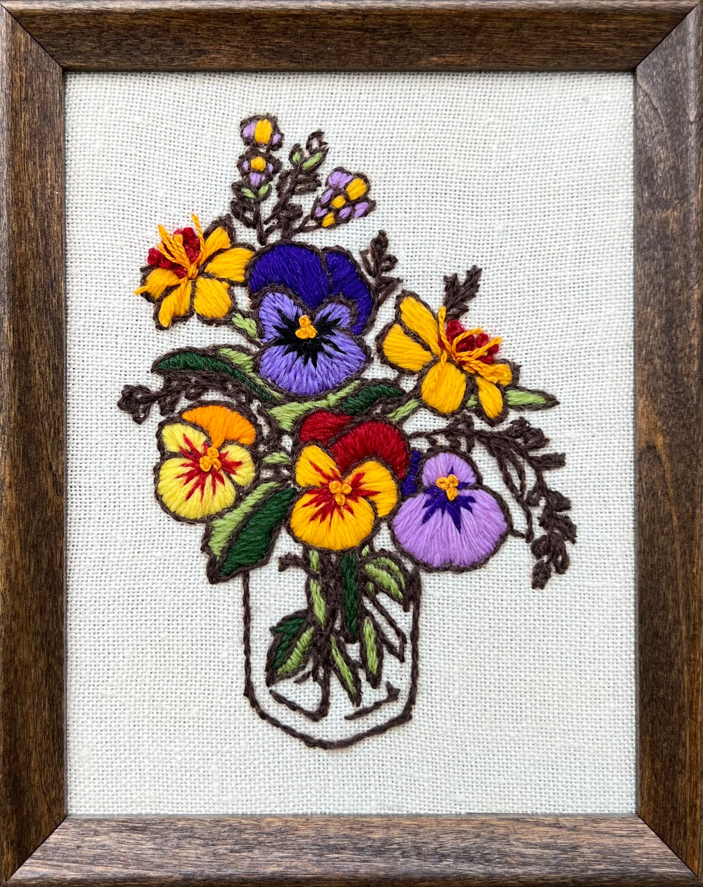 Vintage Crewel: Pansy Bouquet in Glass Jar