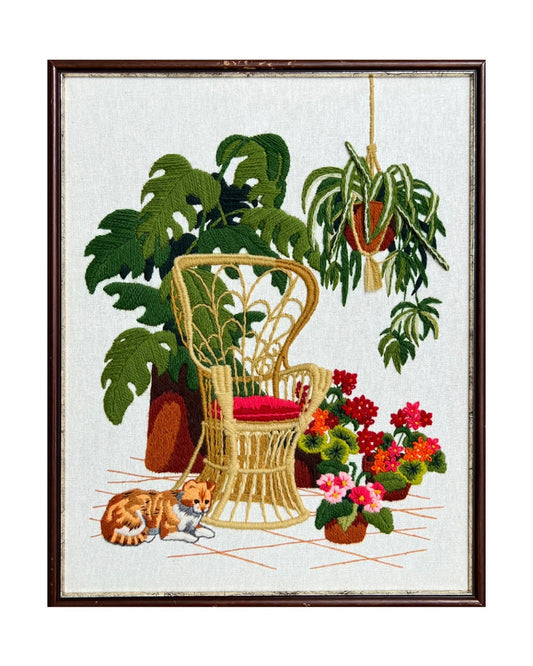 Vintage Crewel: Rattan Chair, Plants, Cat