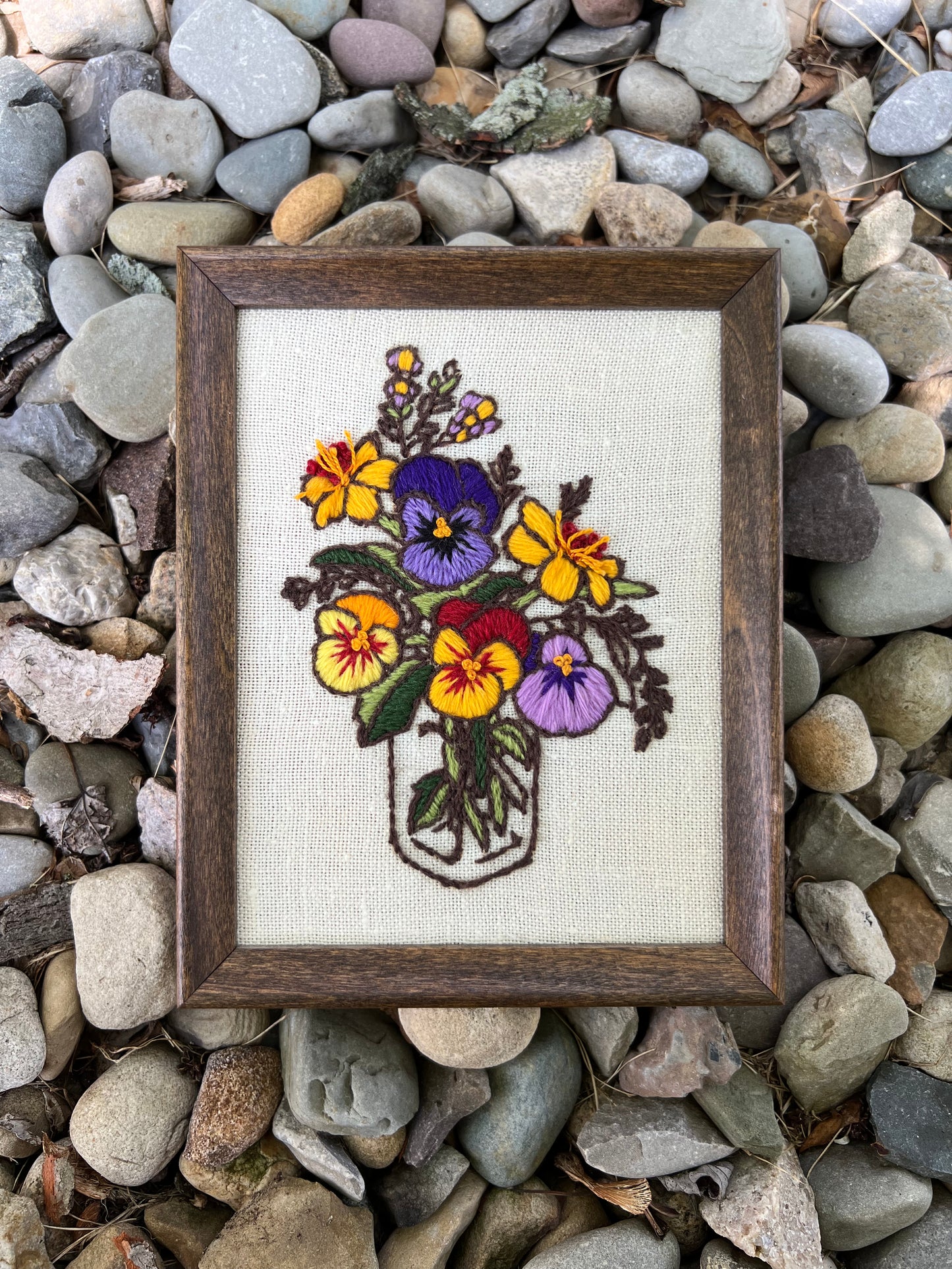 Vintage Crewel: Pansy Bouquet in Glass Jar