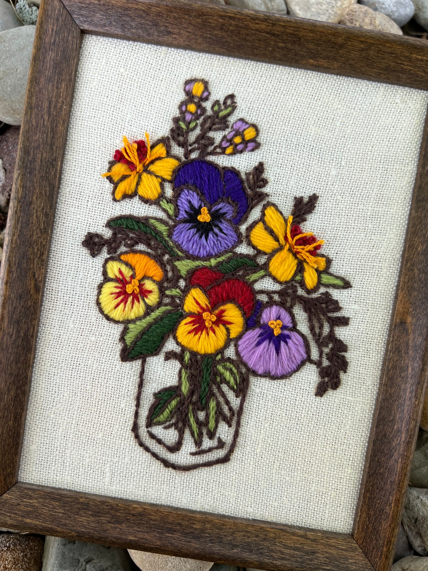 Vintage Crewel: Pansy Bouquet in Glass Jar