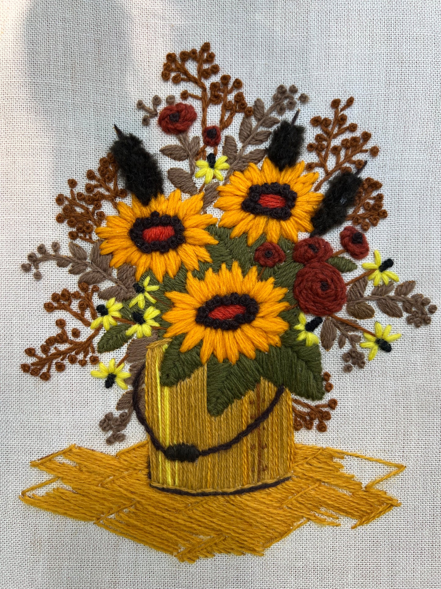 Vintage Crewel: Bucket of Sunflowers