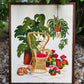 Vintage Crewel: Rattan Chair, Plants, Cat