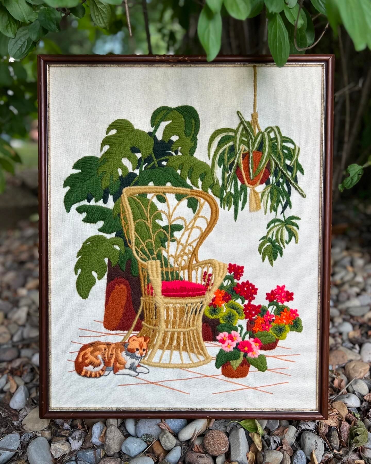 Vintage Crewel: Rattan Chair, Plants, Cat