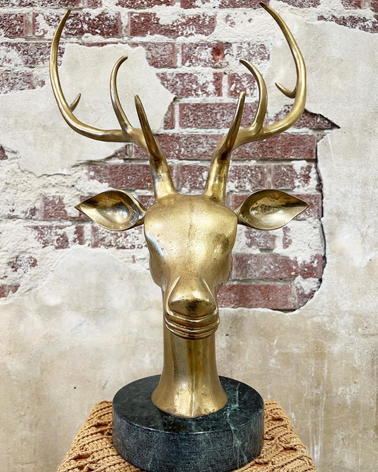 LOCAL PICKUP ONLY: MCM Brass Stag Head on Marble Base