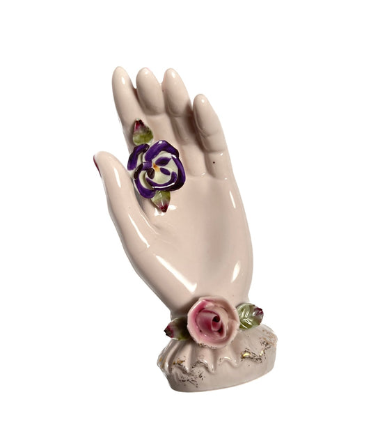 Vintage Porcelain Open Palm Hand with Flowers