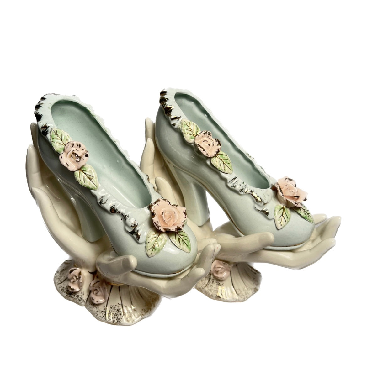 Vintage Porcelain Hands Holding Heeled Shoe with Flowers and Gold Detailing