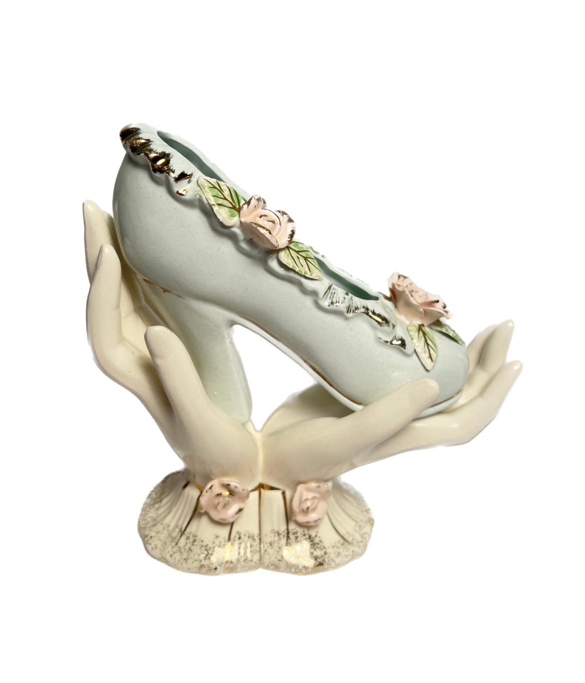 Vintage Porcelain Hands Holding Heeled Shoe with Flowers and Gold Detailing