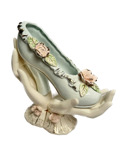 Vintage Porcelain Hands Holding Heeled Shoe with Flowers and Gold Detailing